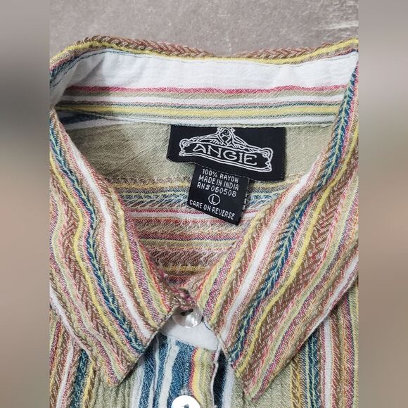 Angie Short Sleeves Crop Top Shirt. Multicolor Stripes. Twisted Front. Boho. L. - Picture 3 of 8